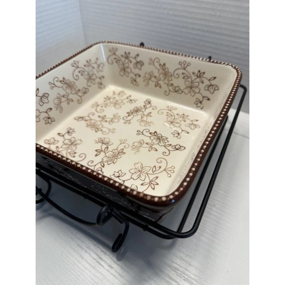 Temp-tations by Tara Brown Floral Lace Ovenware Square Dish with Metal Rack